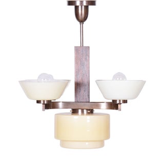 Art Deco Chandelier in Oak, Brass, and Opaline Glass, Czech, 1920s For Sale