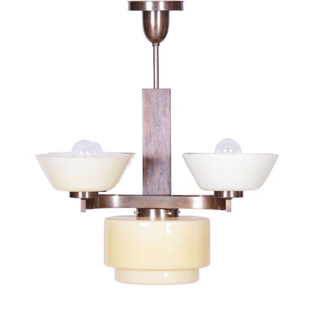 Art Deco Chandelier in Oak, Brass, and Opaline Glass, Czech, 1920s For Sale