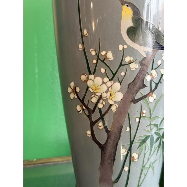Gray Ando Japanese Cloisonne Enamel Vase Bird Plum Blossoms Bamboo Silver Gray Ground For Sale - Image 8 of 12
