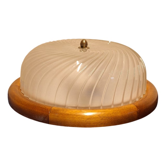 German Ceiling Lamp with Spiral-Shaped Segmented Matte Glass Shade on Chestnut Wood Mount, 1980s For Sale