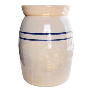 Folk Ceramic Butter Churn, Crock or Vase With Blue Stripe Decoration For Sale