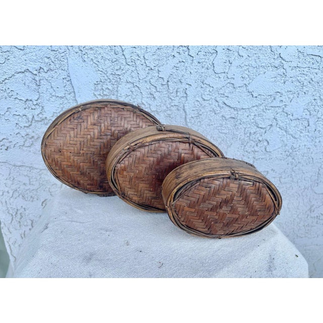 Chestnut Antique Woven Rattan/Split Bamboo Oval Nesting Boxes-A Set For Sale - Image 8 of 8
