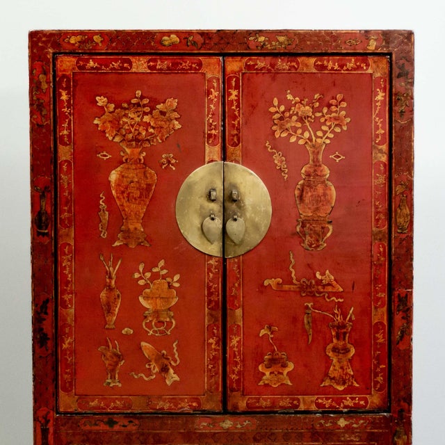 Painted Antique Chinese Two Door Lacquered Cabinet From the Early 19th Century. For Sale - Image 4 of 9