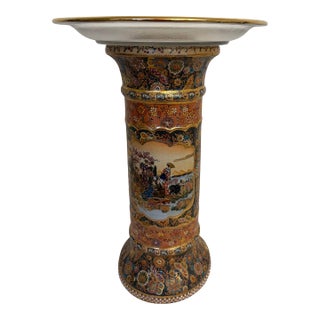 1990s Japanese Satsuma Pedestal With Gold Trim and Crystal Plate For Sale