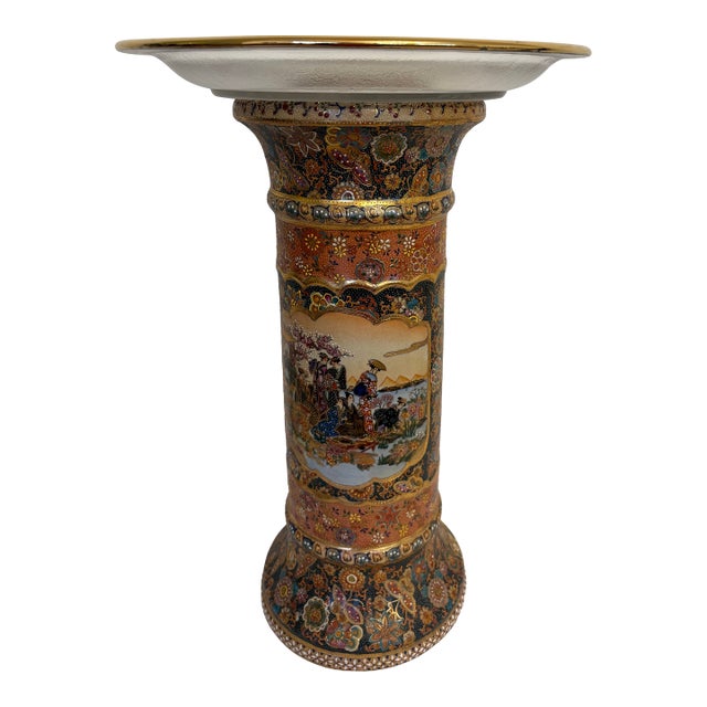 1990s Japanese Satsuma Pedestal With Gold Trim and Crystal Plate For Sale
