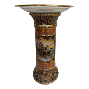1990s Japanese Satsuma Pedestal With Gold Trim and Crystal Plate