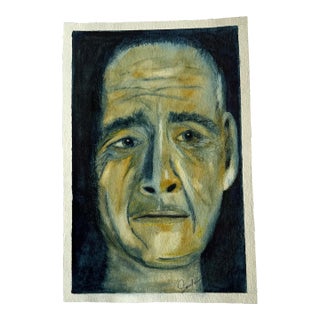 Signed Original Watercolor Portrait "Man in the Dark" For Sale