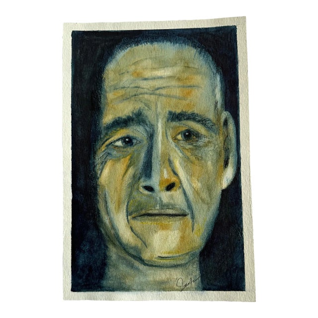 Signed Original Watercolor Portrait "Man in the Dark" For Sale