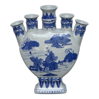 Vintage Chinoiserie Blue and White Tulipiere For Sale