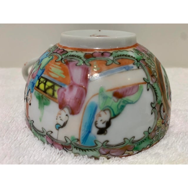 Pink 19th Century Chinese Export Rose Medallion Mandarin Eggshell Teacup and Saucer Porcelain For Sale - Image 8 of 12
