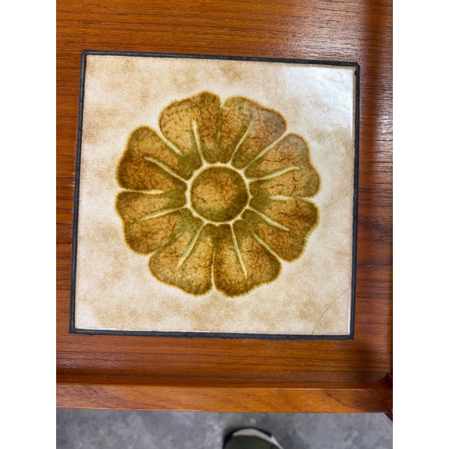 Vintage Mid-Century Danish Modern Teak 3-Tier Bar Cart With Flower Tile Inset by Brdr. Furbo For Sale In Atlanta - Image 6 of 7