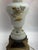 Vintage Victorian-style table lamp featuring an urn-form body of smooth satin white/Bristol glass, decorated with hand-...