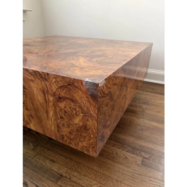 1970s Burl Wood Veneer Square Block Coffee Table on Plinth Base For Sale - Image 4 of 4