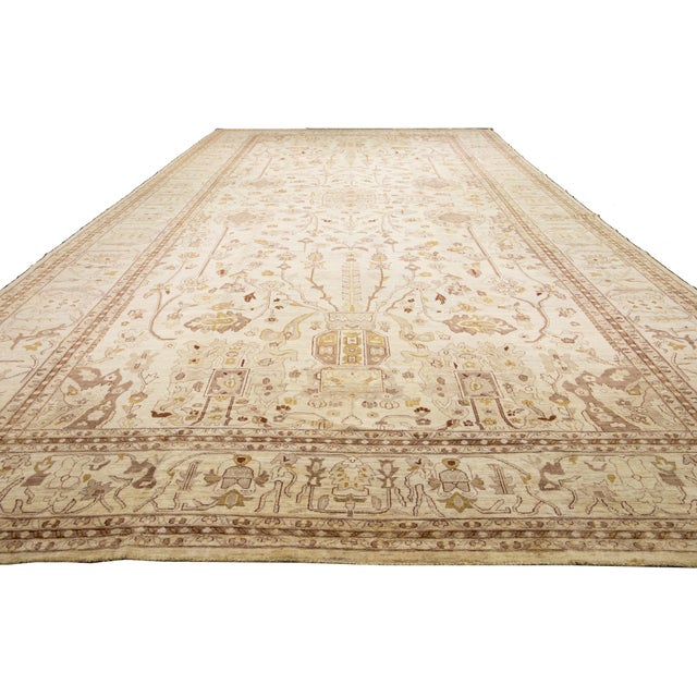 Modern Oushak Style Palace Sized Wool Rug Handmade in Beige With Floral Design For Sale - Image 13 of 13