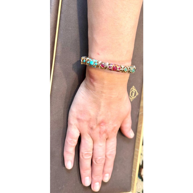 Natural Turquoise Emerald Ruby Sapphire pearl Bangle in 14 Kt Yellow Gold 41 Gm For Sale - Image 12 of 18