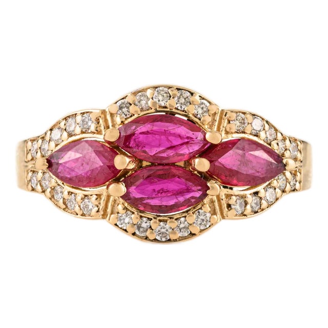 Vintage Inspired Cluster Ruby Diamond Cocktail Ring Size 6.5 in 14k Yellow Gold For Sale