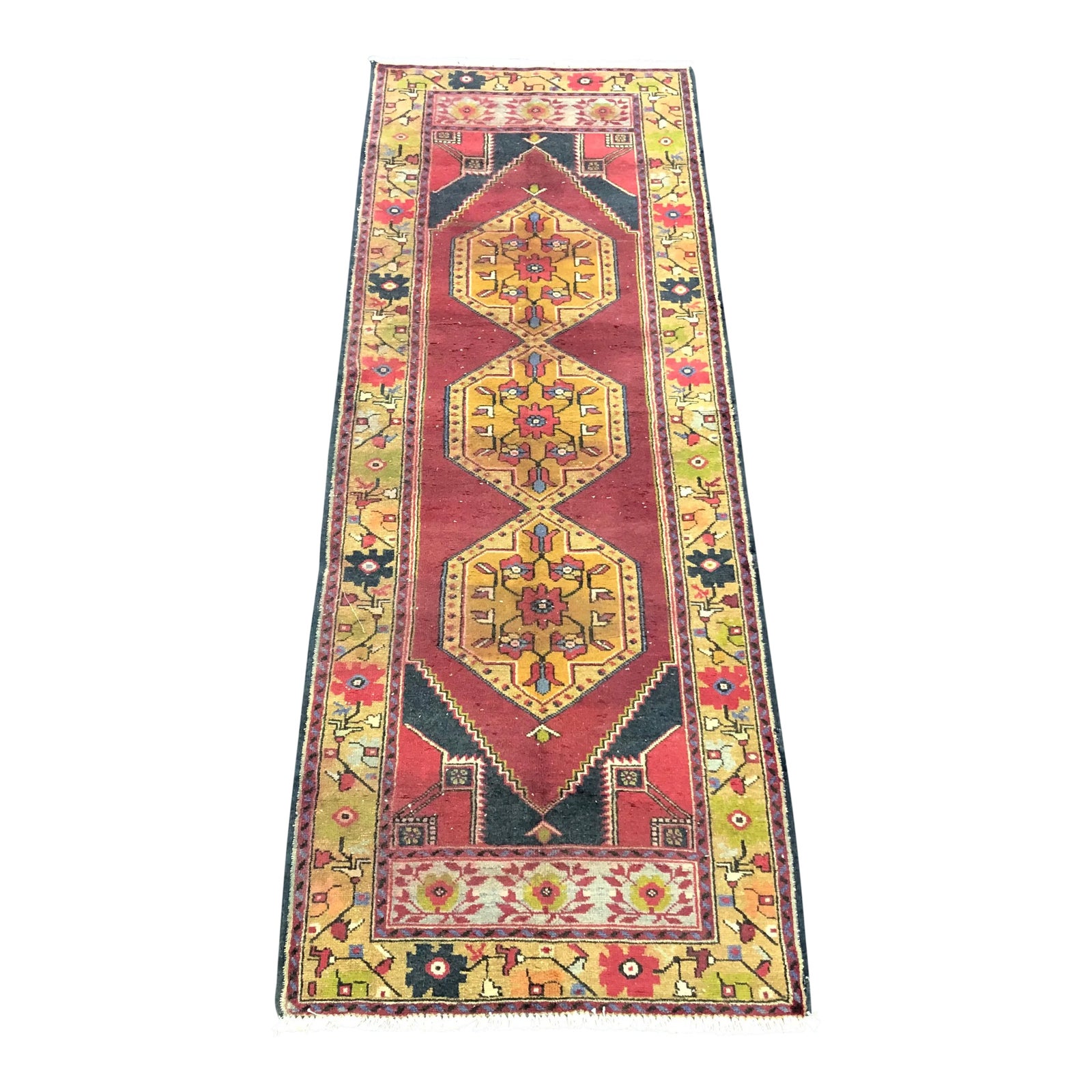 Vintage Geometric Design Turkish Red and Yellow Runner Rug | Chairish