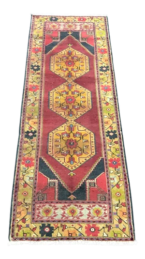 Vintage Geometric Design Turkish Red and Yellow Runner Rug