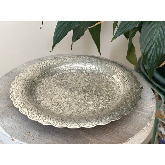 1940s Egyptian Islamic Engraved Silver Tray, Scalloped Rim For Sale - Image 4 of 9