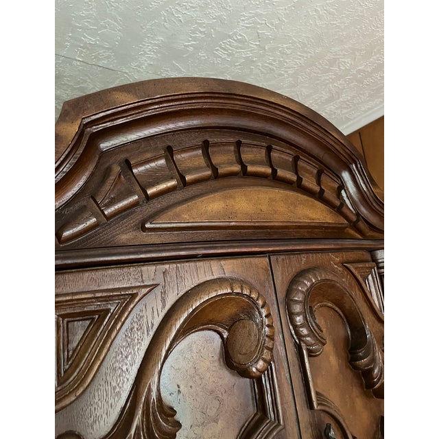 Spanish Revival Vintage Spanish Baroque Revival Cabinet | Bonnet Pediment | Reeded Columns For Sale - Image 3 of 12