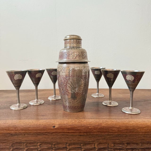 Vintage Asian Silver Plated Etched Brass Cocktail Shaker & Cordial Set- 7 Pieces For Sale - Image 9 of 9