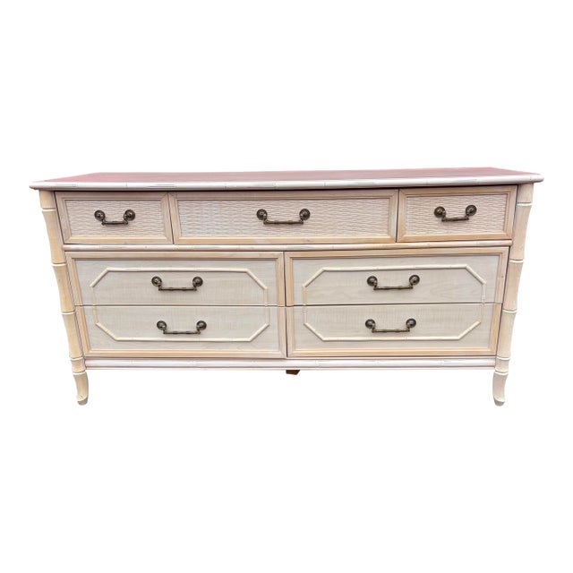 Vintage 1970’s Coastal Faux Bamboo 7 Drawer Dresser by Broyhill For Sale