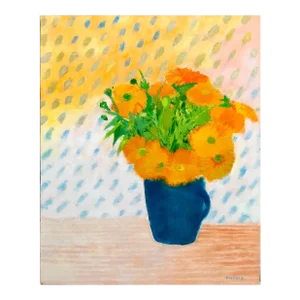 Vintage Guy Bardone "Soucis au Petit Pot Bleu" Floral Still Life Oil Painting of a Marigold Flower Bouquet