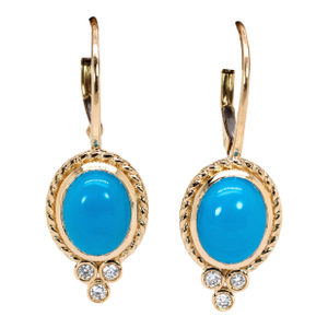 Sleeping Beauty Turquoise Dangle Earrings: Natural Diamonds, 14k Solid Gold, A Pair