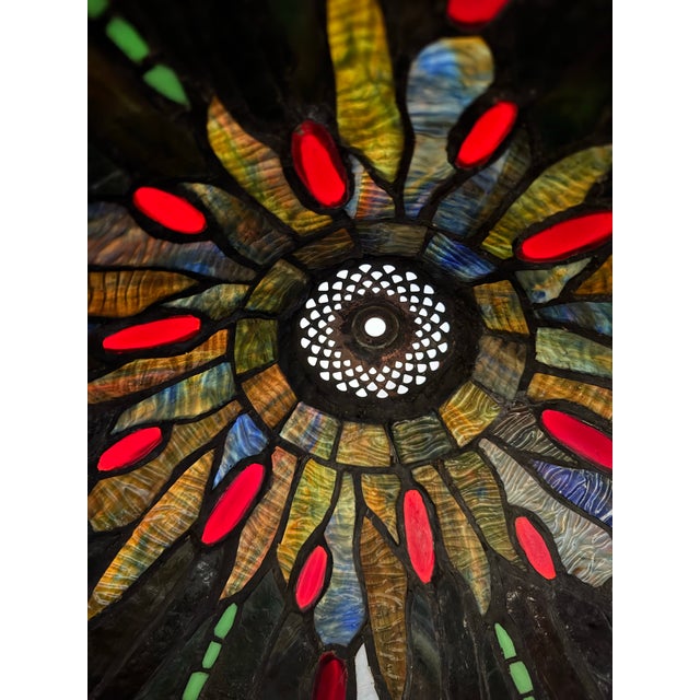 Metal Tiffany-Style Stained Glass Dragonfly Table Lamp With Jeweled Base For Sale - Image 7 of 7