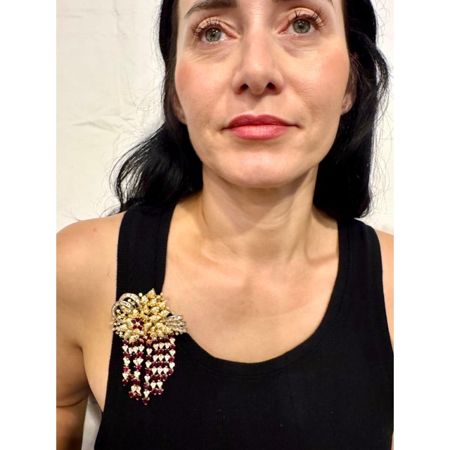 Vintage 18 Ct Diamond & 15 Ct Ruby Floral Broach 52.8 GM 18 Karat Yellow Gold For Sale - Image 11 of 18