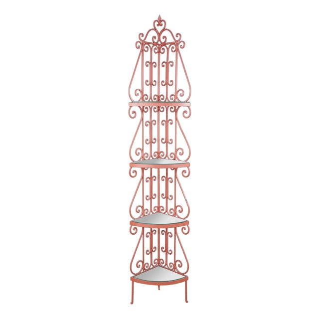 Vintage French Style Red Scrolled Wrought Iron Four-Tier Corner Etagere Stand For Sale