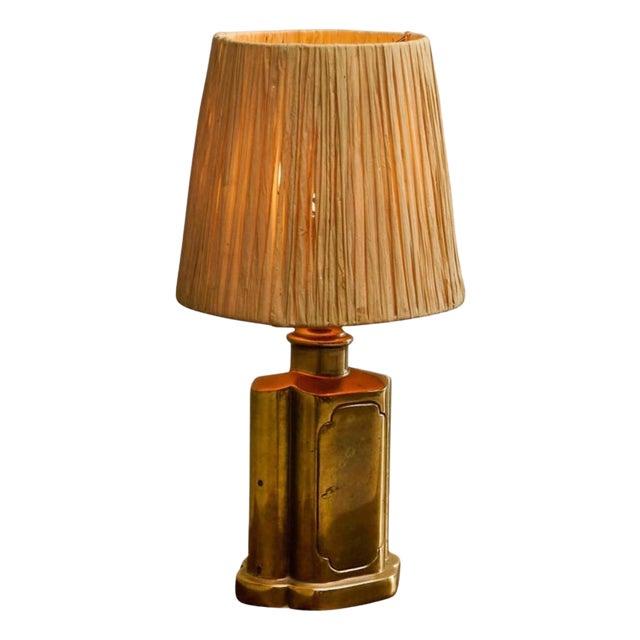 Art Deco Table Lamp in Patinated Brass with Raffia Shade, 1940s For Sale