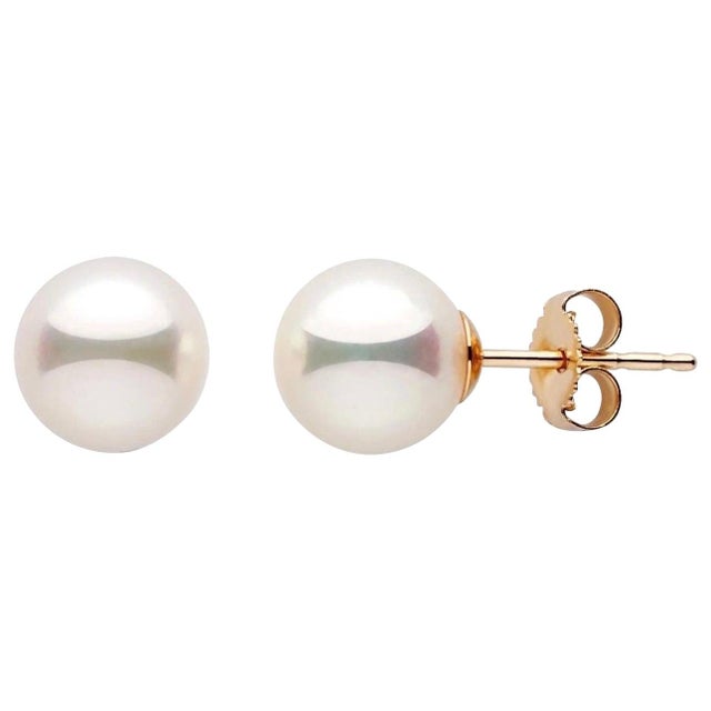 8 MM White Akoya Aaa Pearl Stud Earrings 14 K Yellow Gold For Sale - Image 4 of 8