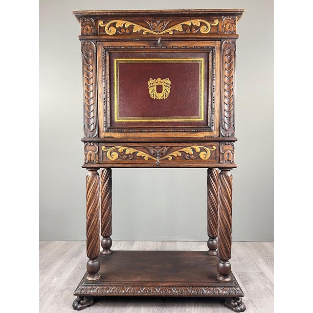 19th Century Neo-Renaissance Carved and Polychrome Wooden Secretary Desk For Sale - Image 3 of 13