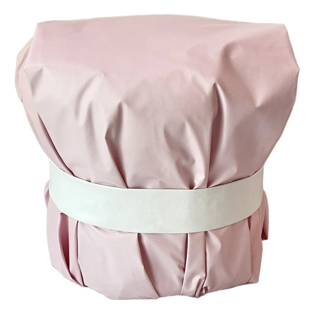 Modern Large Pink Leather Art Deco Pouf Ottoman Silver For Sale
