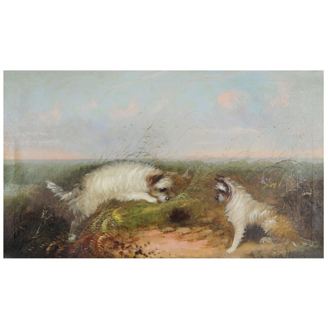 "Two Dogs" oil on canvas, signed; W. Warren. The piece dates back to the late 19th Century. Frame Size: 35.75" W x 24.75"...