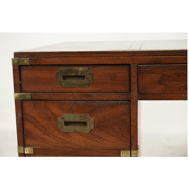 Campaign Vintage Sligh Campaign Pedestal Desk With Inlay Leather Top For Sale - Image 3 of 9