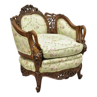 Antique Italian Regency Swan Carved Walnut French Victorian Club Lounge Chair For Sale