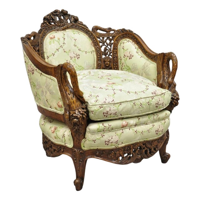 Antique Italian Regency Swan Carved Walnut French Victorian Club Lounge Chair For Sale