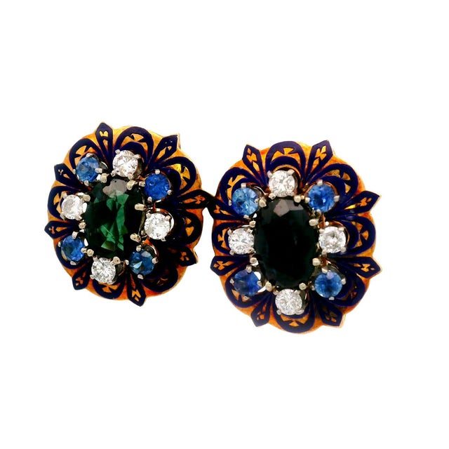 Contemporary 1950s Mid-Century Sapphire Diamond Enamel 14k Yellow Gold Earrings, A Pair For Sale - Image 3 of 5