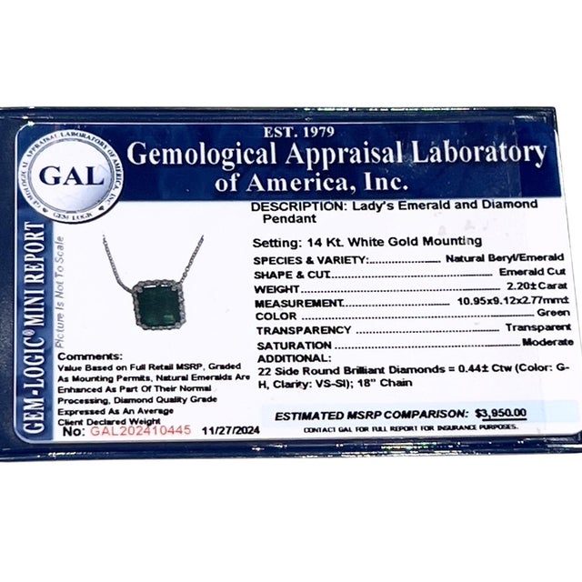 Natural Emerald Diamond Necklace 18" 14k White Gold 2.64 TCW Certified For Sale - Image 12 of 12