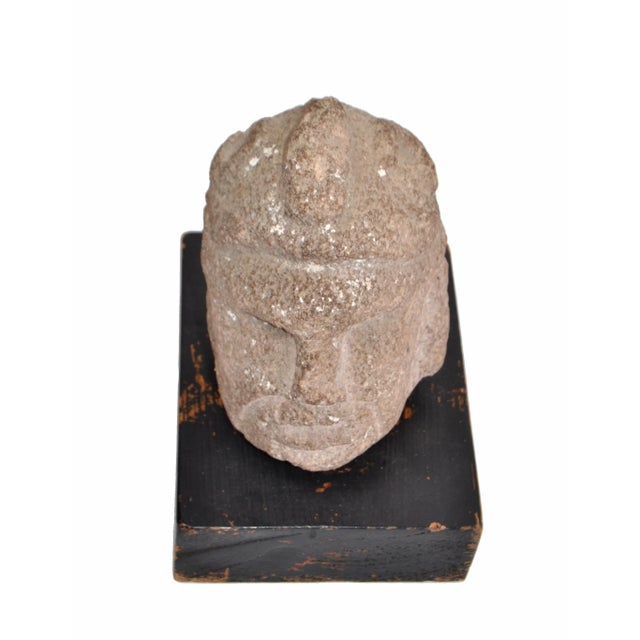 Beige Vintage Hand Sculpted Stone Head Sculpture on Formfit Hand Carved Wooden Base For Sale - Image 8 of 11