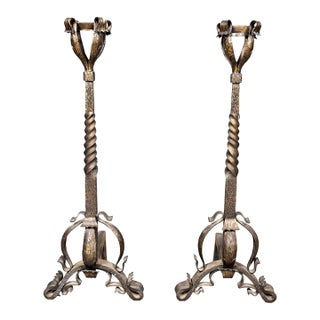 Pair of Art Nouveau Wrought Iron Andirons For Sale