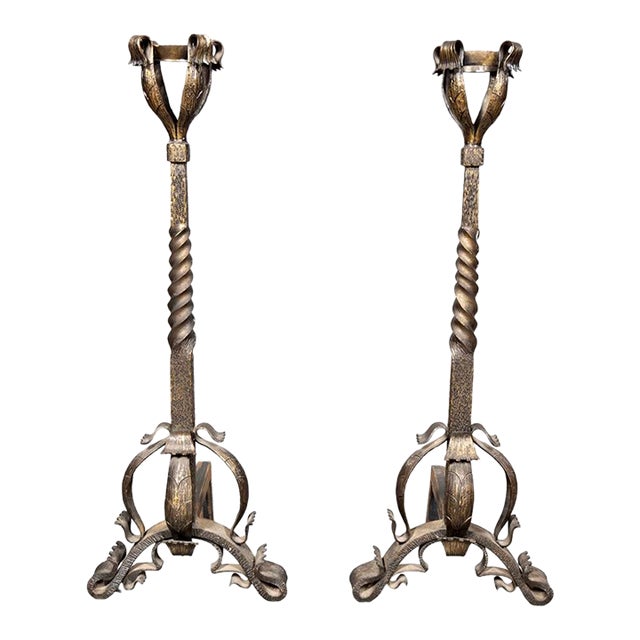 Pair of Art Nouveau Wrought Iron Andirons For Sale