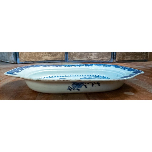 Ceramic 18th Century Chinese Blue and White Canton Export Vegetable Tray With Repair For Sale - Image 7 of 12