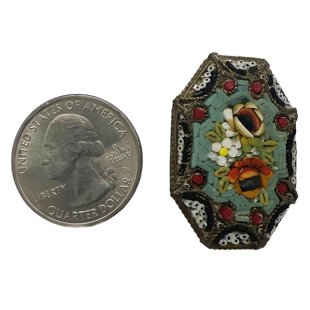 1940s 1940s Italian Micro Mosaic Inlay Jade Brass Brooch For Sale - Image 5 of 5
