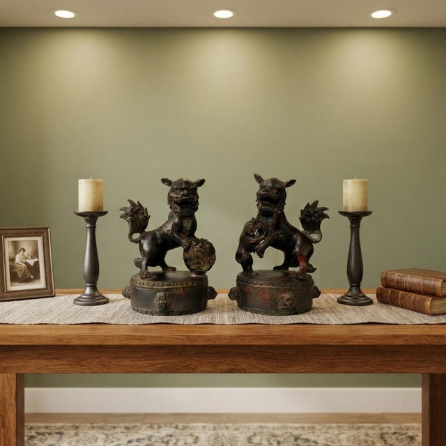 1980s Pair Vintage Rustic Metal Fengshui Foo Dog Lion Drum Base Art Figures For Sale - Image 5 of 10