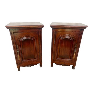 Vintage Nightstands Set of Two End Tables Locking Cabinet French Country Walnut For Sale