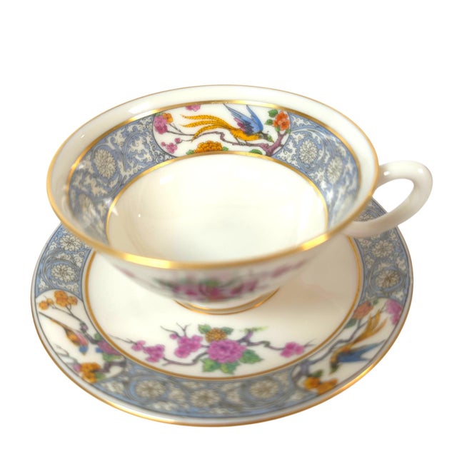 Vintage Lenox Ming P-16 Bird and Floral Footed Teacups and Saucers Set of 2 - 4 pcs For Sale - Image 9 of 16
