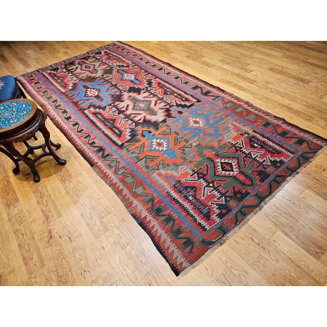 Antique Caucasian Kazak Kilim, Handwoven Wool, Geometric Design, Terracotta & Turquoise, 6x11 For Sale - Image 9 of 18